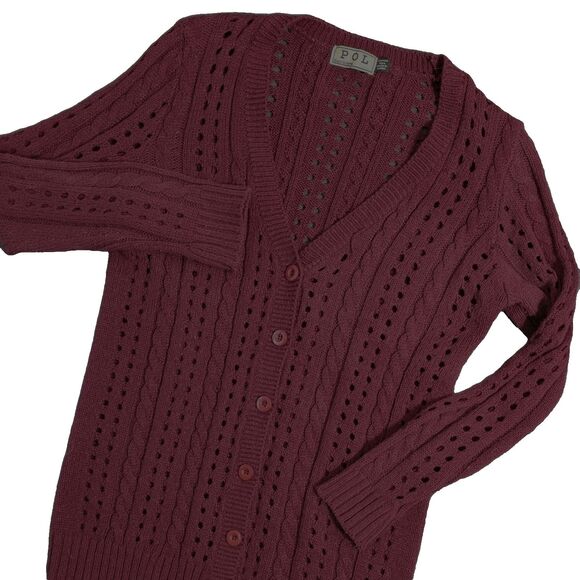 POL Open Knit Cardigan Women's Large Burgundy 100% Cotton V neck Twee - Picture 1 of 8